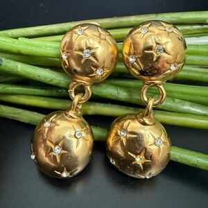 Vintage Unsigned Gold-tone Double Ball Rhinestone Star Drop Statement Earrings